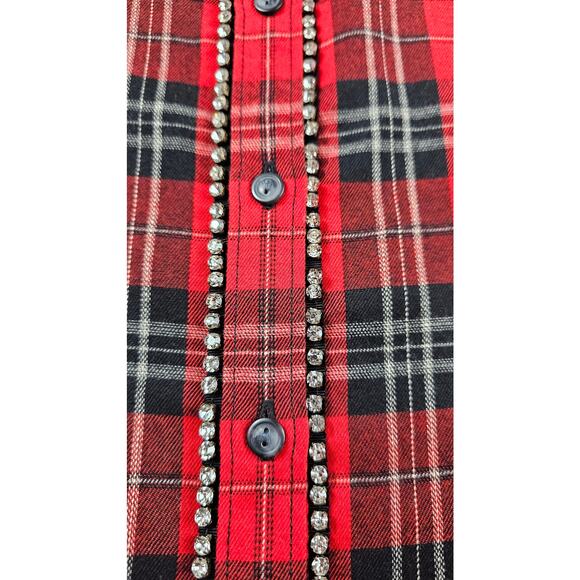 NWT Sanctuary Rockstar Rhinestone Stud Boyfriend Red XS bling plaid button up - Picture 4 of 9